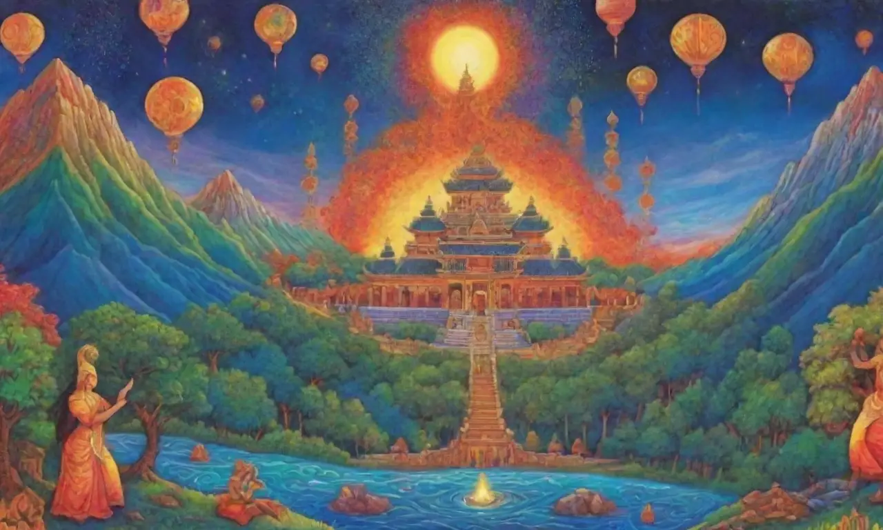 Fondo celestial vibrante con dioses, criaturas míticas y paisajes contrastantes que narran historias culturales