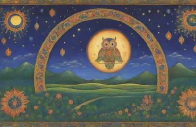 Un tapiz vibrante que celebra la vida con patrones intrincados y elementos celestiales