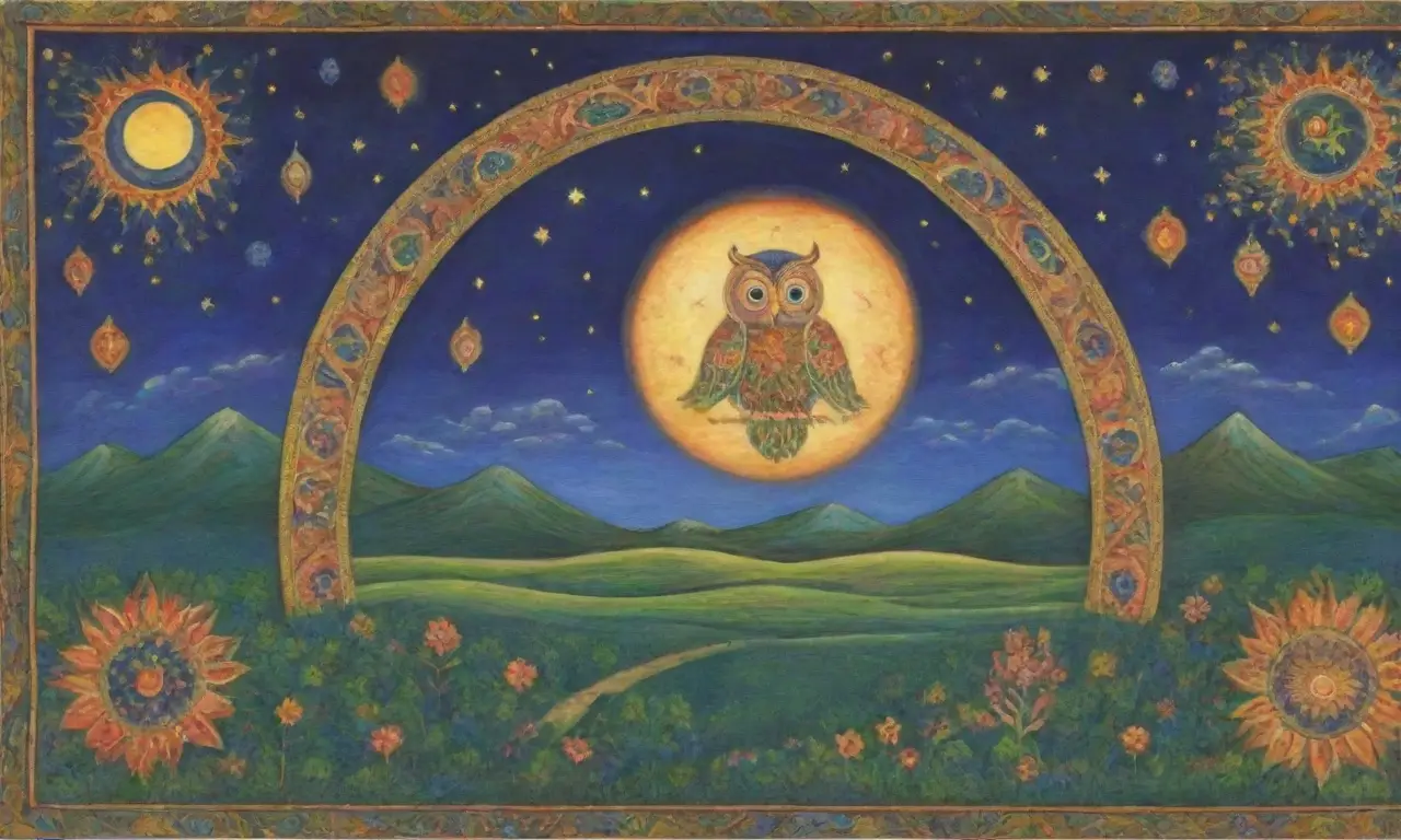 Un tapiz vibrante que celebra la vida con patrones intrincados y elementos celestiales