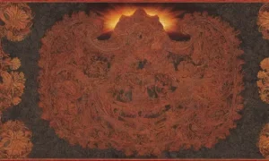 Un paisaje vibrante de rojos y negros con calaveras