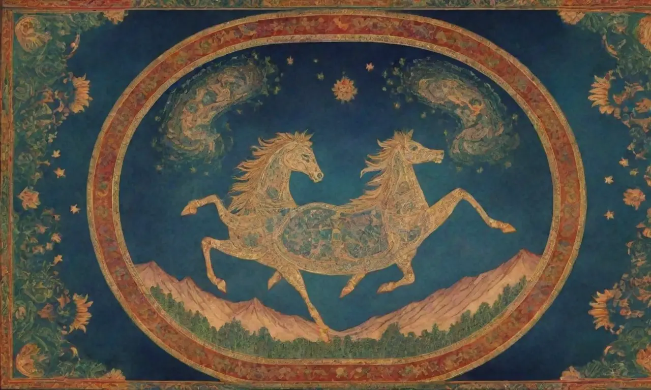 Textura antigua con patrones geométricos, ilustraciones divinas y paisajes serenos de Persia