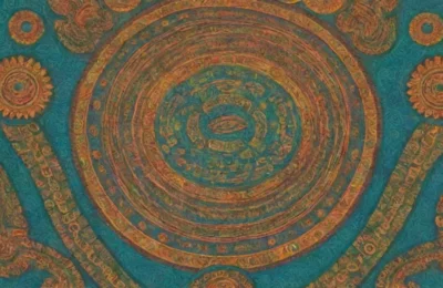 Colores vibrantes y símbolos antiguos se entrelazan en un paisaje místico