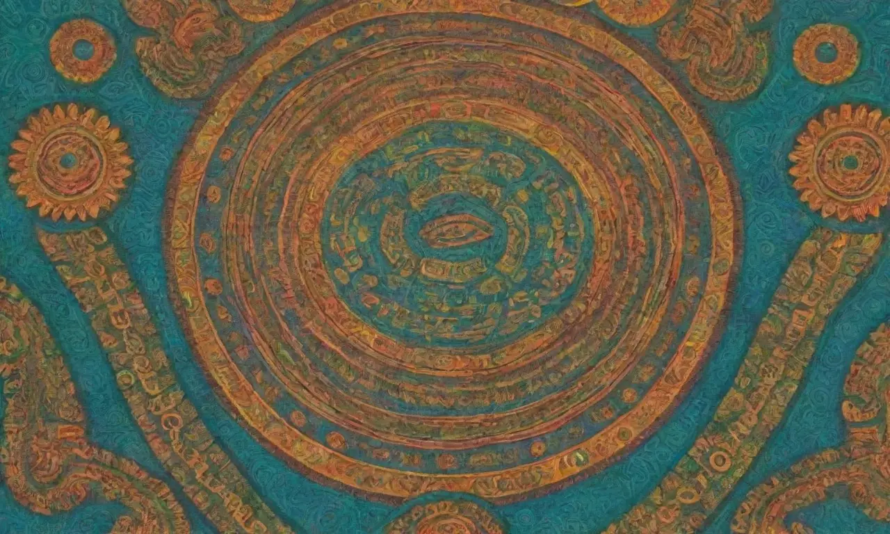 Colores vibrantes y símbolos antiguos se entrelazan en un paisaje místico