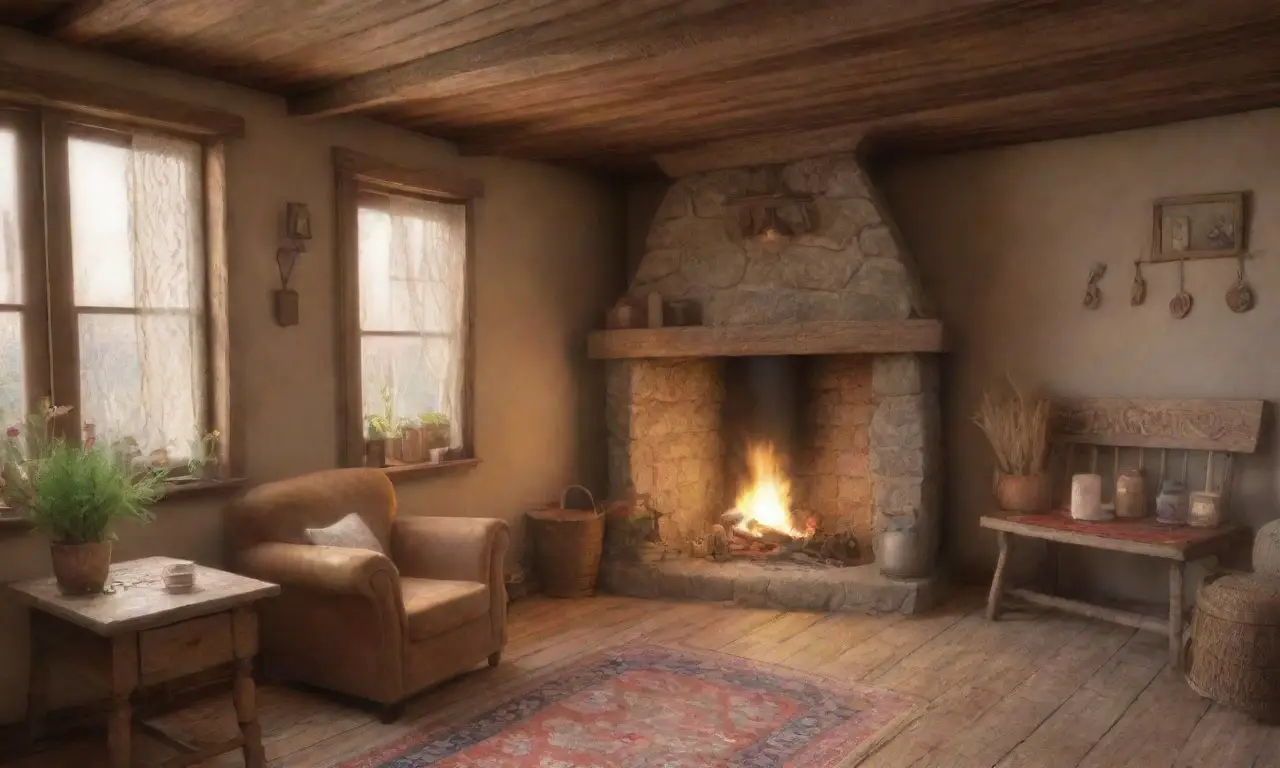 Una habitación rústica y acogedora, iluminada por velas, con un cálido hogar y detalles encantadores