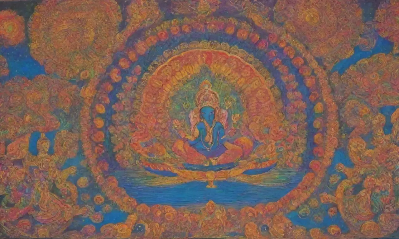 Colores vibrantes, mandalas, deidades doradas y símbolos sagrados crean una danza de espiritualidad y unidad