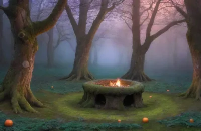 Un bosque brumoso lleno de árboles antiguos