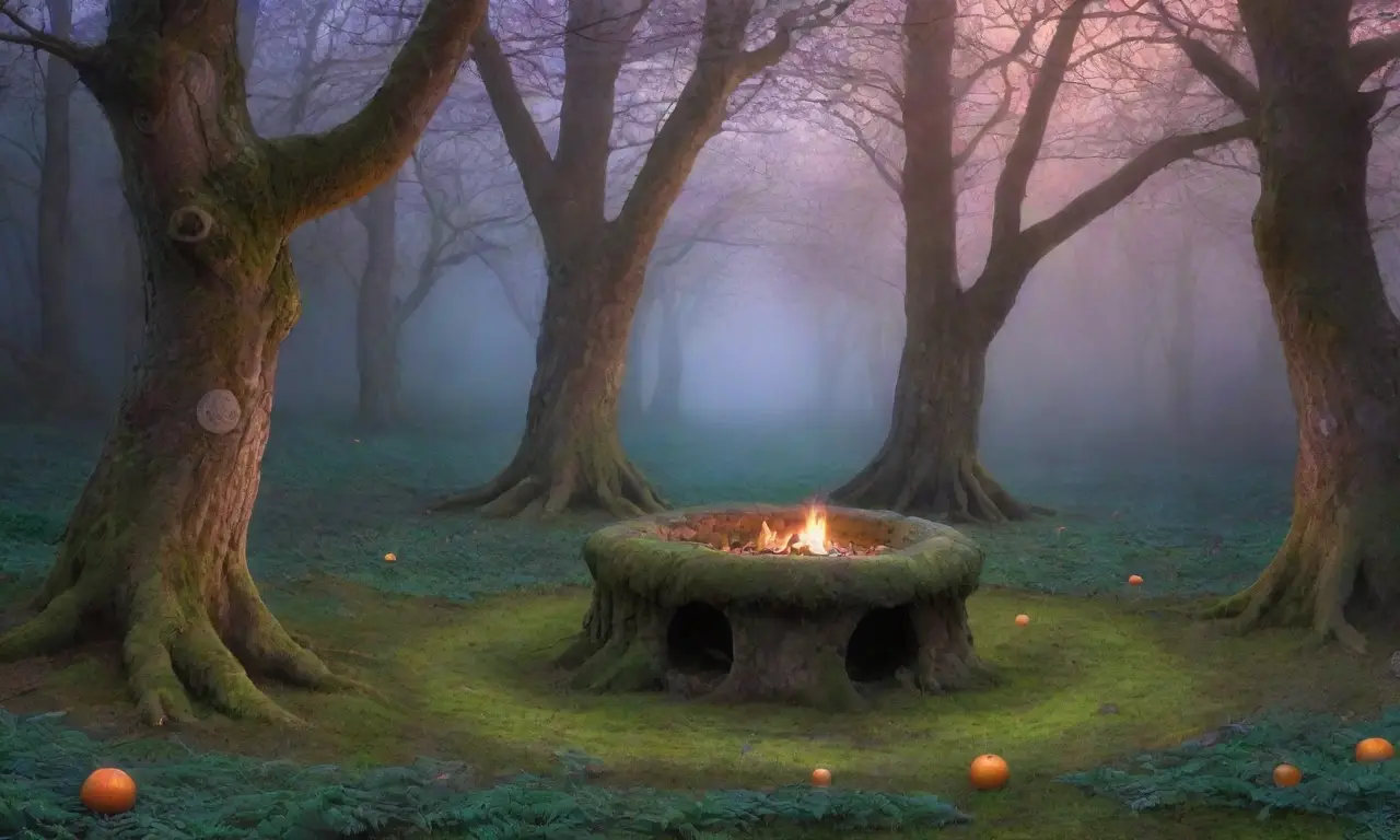 Un bosque brumoso lleno de árboles antiguos