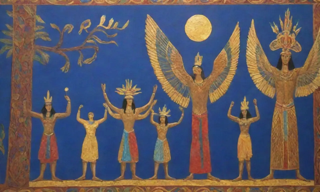 Un vibrante mural egipcio muestra a Horus rodeado de símbolos sagrados y elementos de poder