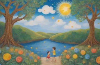 Un mural vibrante con un niño curioso rodeado de símbolos de conocimiento y naturaleza