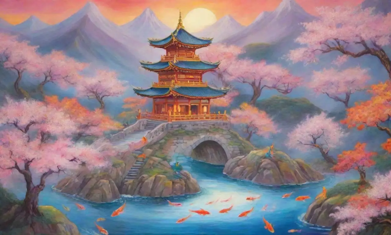 Colores vibrantes y criaturas míticas danzan en paisajes serenos y leyendas atemporales
