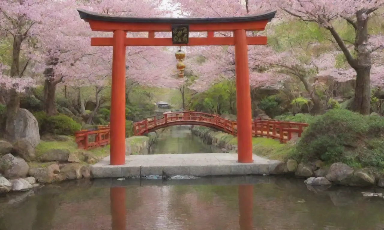 Un sereno santuario Shinto rodeado de naturaleza, flores de cerezo y tradiciones vibrantes