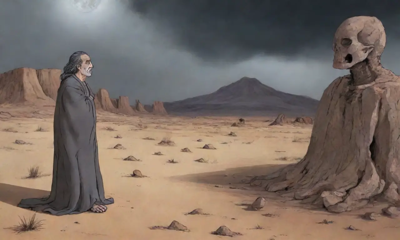 Un paisaje desolador refleja la profunda tristeza de Gilgamesh por la muerte de Enkidu, rodeado de símbolos de amistad y recuerdos perdidos
