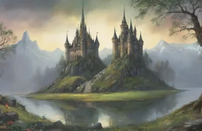 Un bosque brumoso alberga la legendaria espada Excalibur en un lago