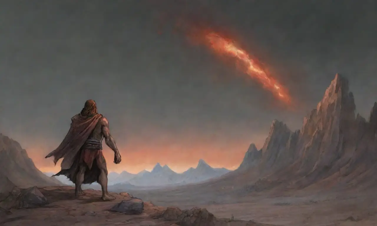 Prometeo, encadenado y desafiante bajo un cielo tormentoso, simboliza la rebelión y la perseverancia en un paisaje de ruinas y esperanza