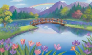 Un arcoíris vibrante y flores en un paisaje sereno reflejan la belleza de la naturaleza