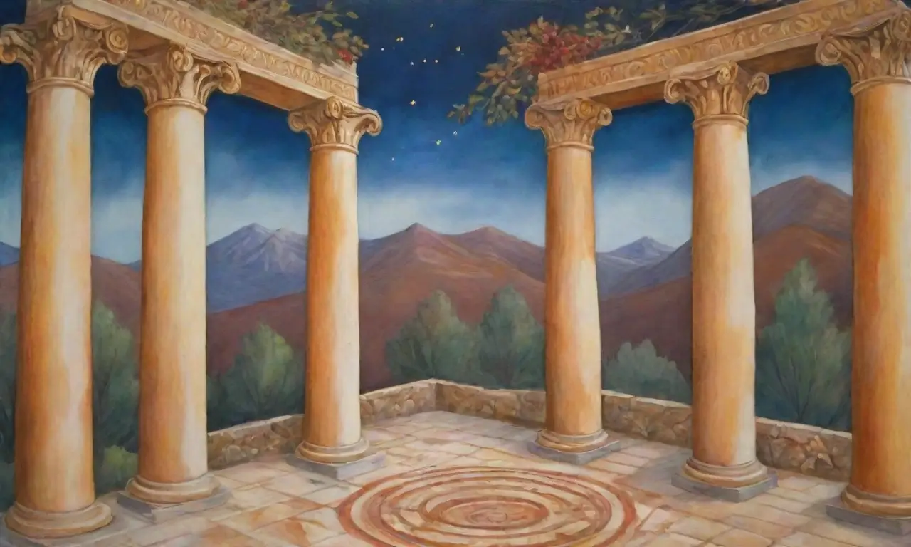 Columnas griegas antiguas y frescos vibrantes en un paisaje sereno y misterioso