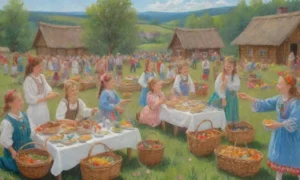 Un festín de colores y alegría en un campo primaveral con tradiciones eslavas