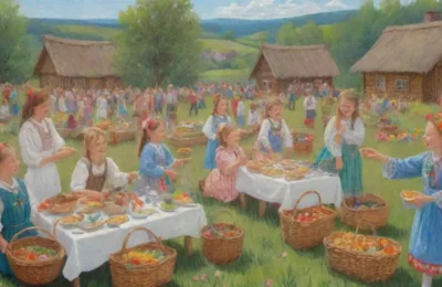 Un festín de colores y alegría en un campo primaveral con tradiciones eslavas