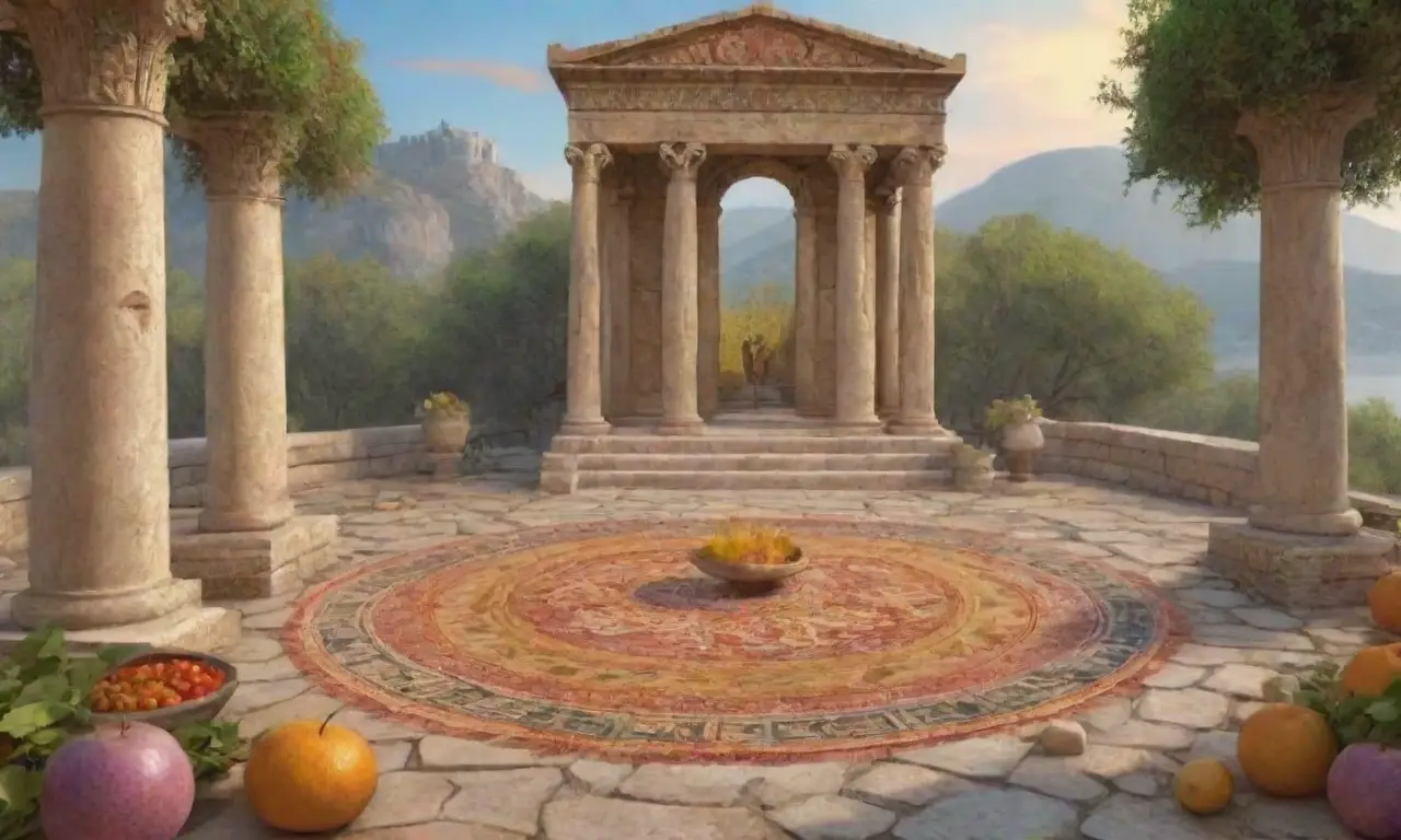 Un vibrante paisaje de la antigua Grecia lleno de rituales, ofrendas y mitos