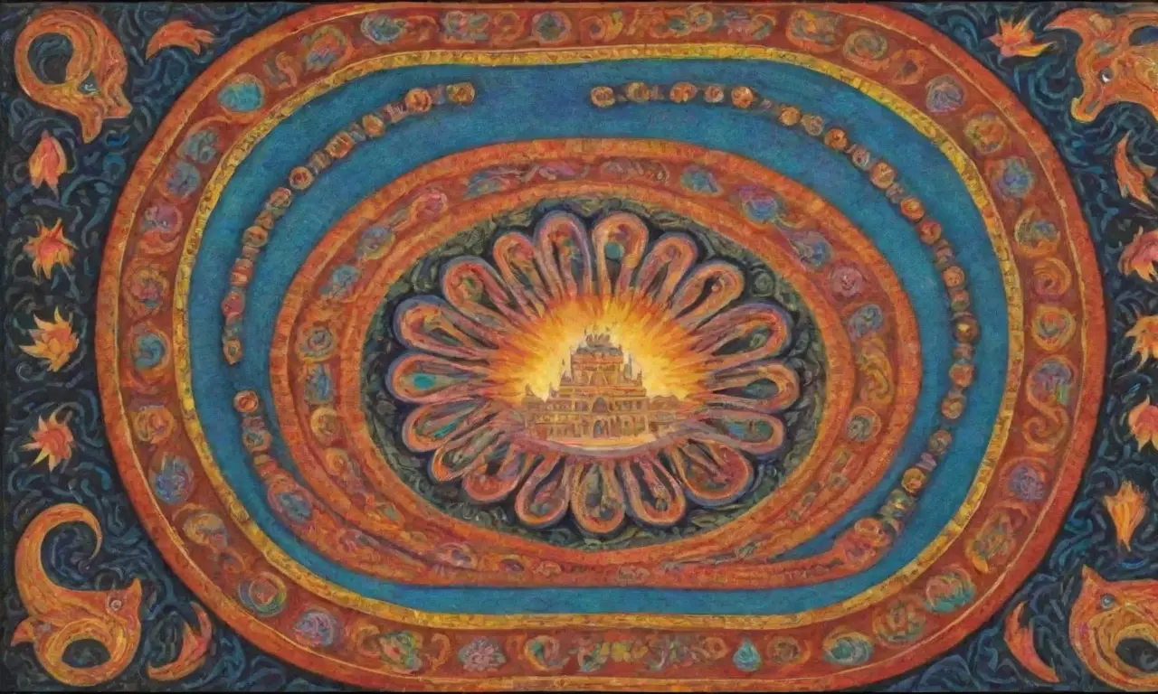 Colores vibrantes y patrones danzan en un mundo sagrado lleno de vida y tradición