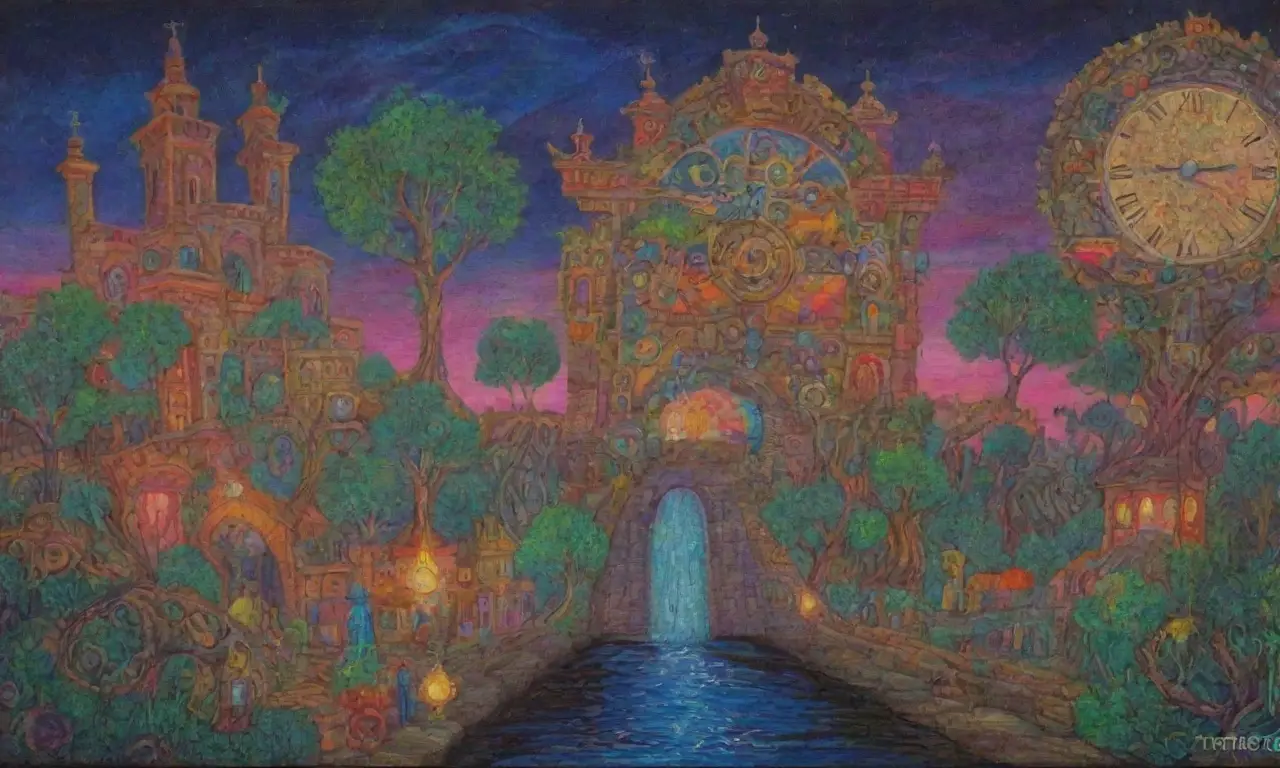 Un paisaje surrealista que fusiona lo antiguo y lo digital en un caleidoscopio de colores y símbolos