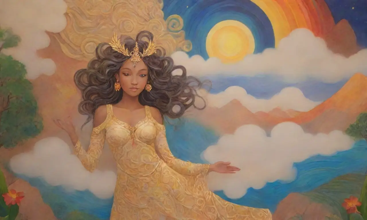 Un mural vibrante de Nüwa, rodeada de naturaleza y símbolos antiguos, refleja la creación y la belleza eterna