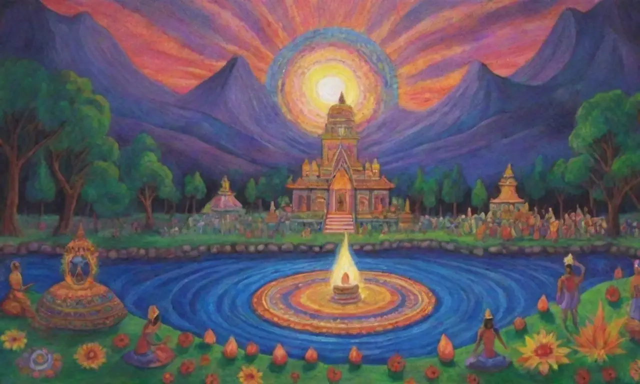 Un momento espiritual y vibrante en la isla, lleno de colores, símbolos y unidad