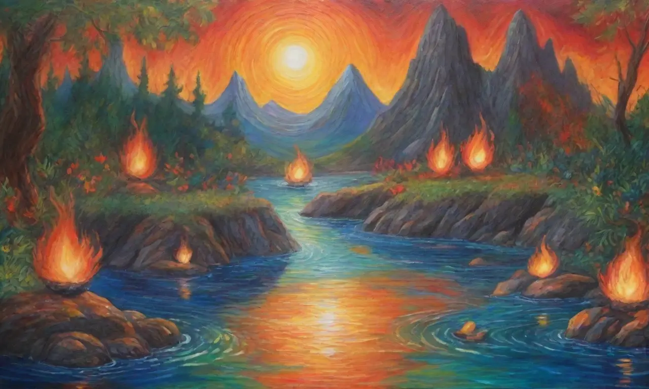 Un paisaje vibrante de fuego, agua, y naturaleza refleja la dualidad de la vida