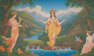 Un mural vibrante de Hermes rodeado de naturaleza exuberante y símbolos de abundancia