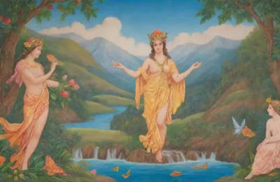 Un mural vibrante de Hermes rodeado de naturaleza exuberante y símbolos de abundancia