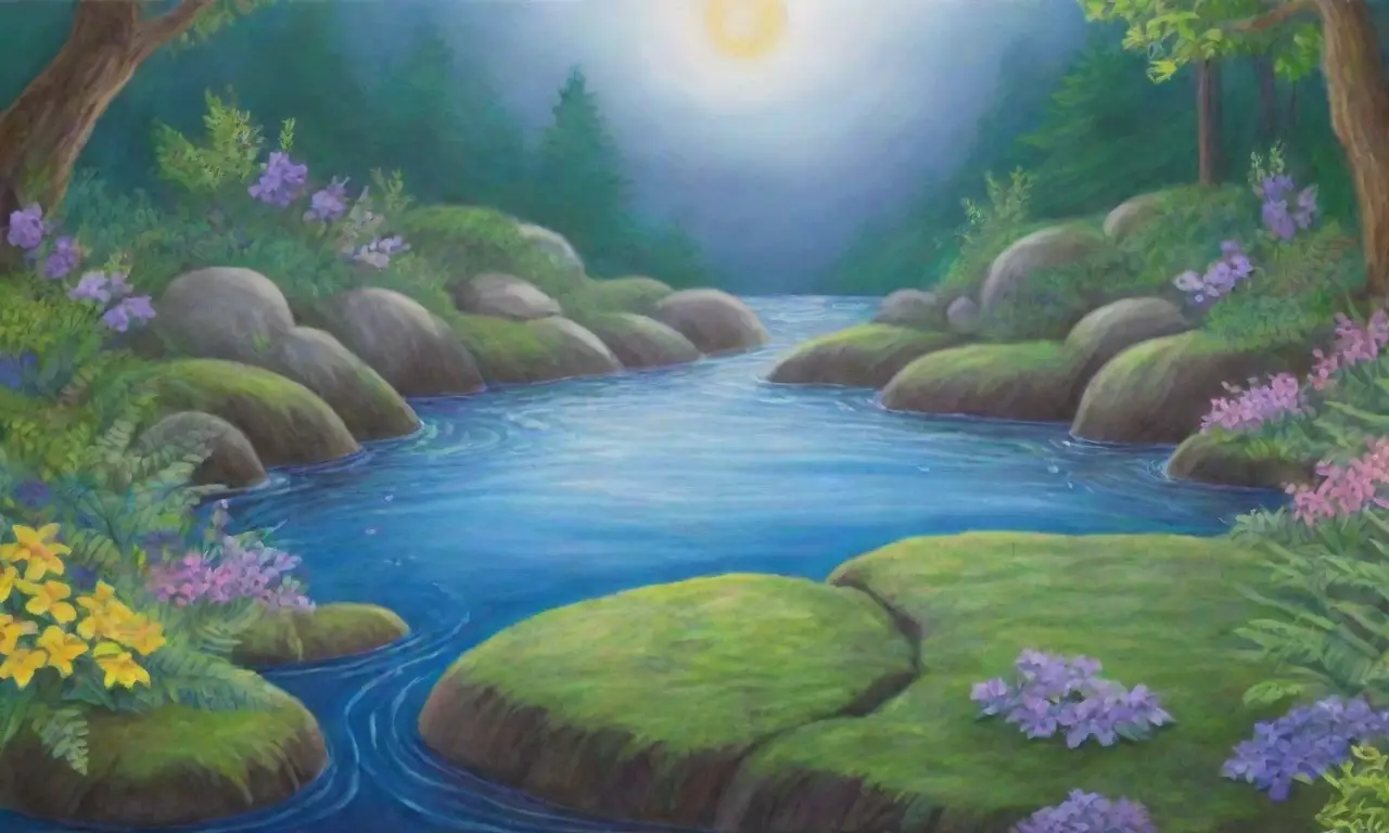 Un paisaje sereno de agua, luz suave, naturaleza vibrante y armonía pura