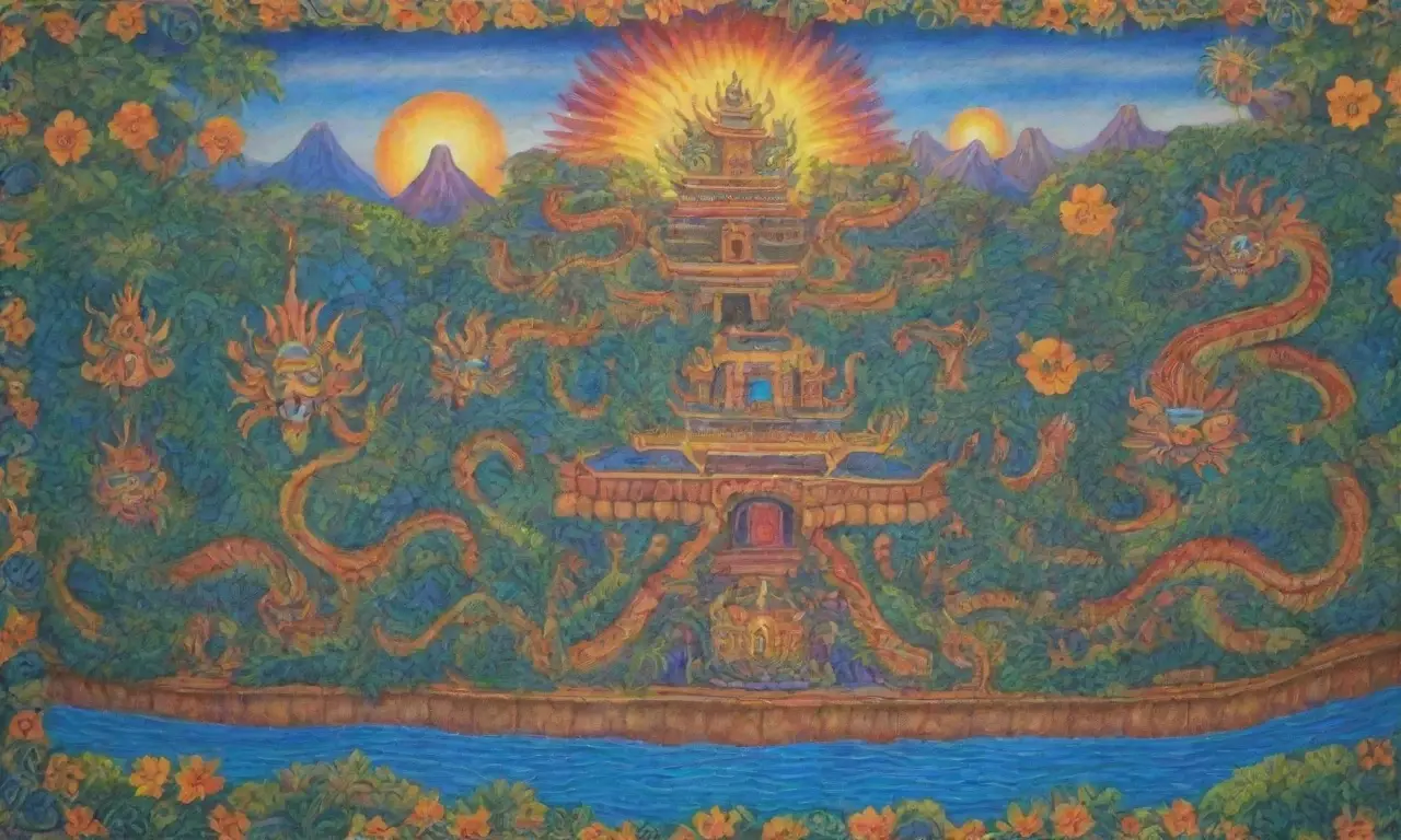 Un vibrante paisaje lleno de colores, símbolos y misticismo evoca la esencia de Quetzalcóatl