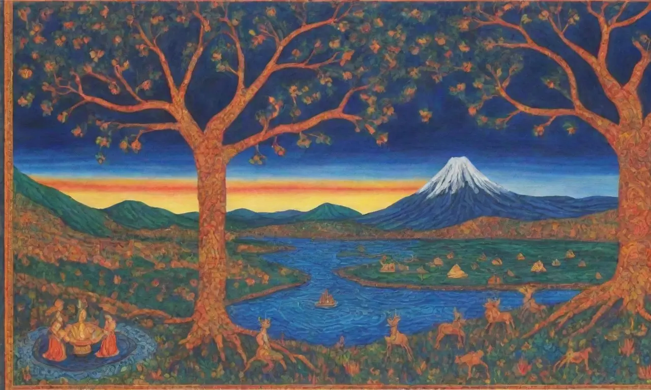 Un paisaje vibrante de colores contrastantes y símbolos antiguos que refleja dualidad y sabiduría