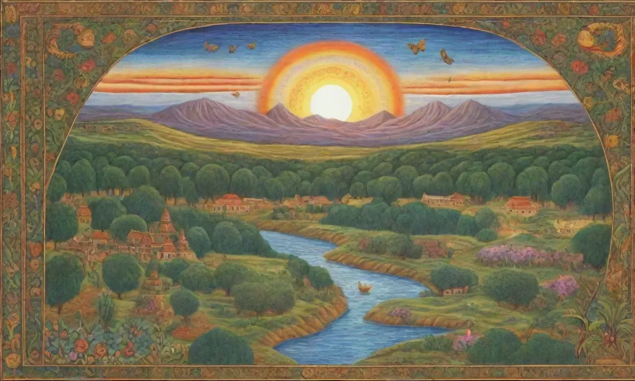 Un paisaje vibrante de Mesopotamia con Ninhursag, naturaleza fértil y símbolos de vida