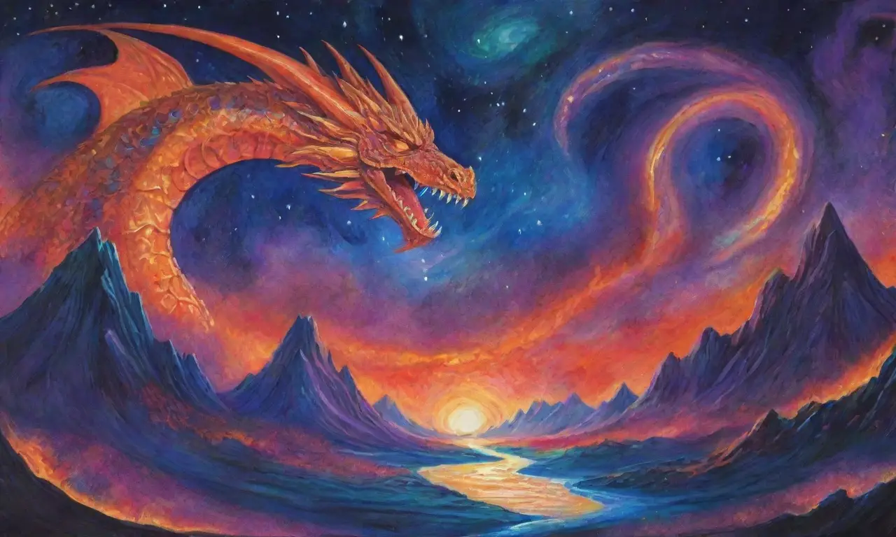 Un majestuoso dragón cósmico emerge entre galaxias y paisajes míticos, simbolizando el caos y el orden del universo