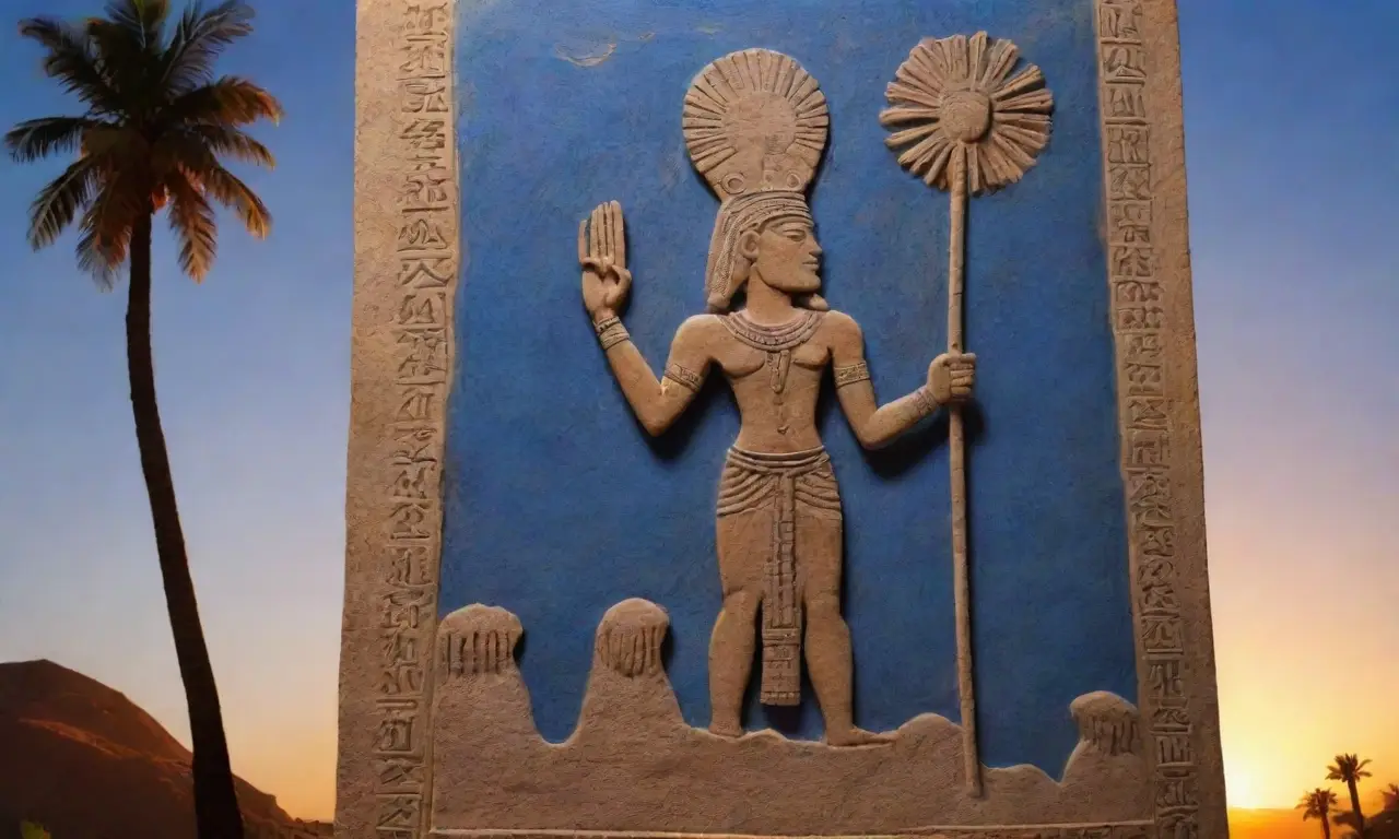 Tableta de piedra antigua con cuneiformes, Gilgamesh y paisajes mesopotámicos vibrantes