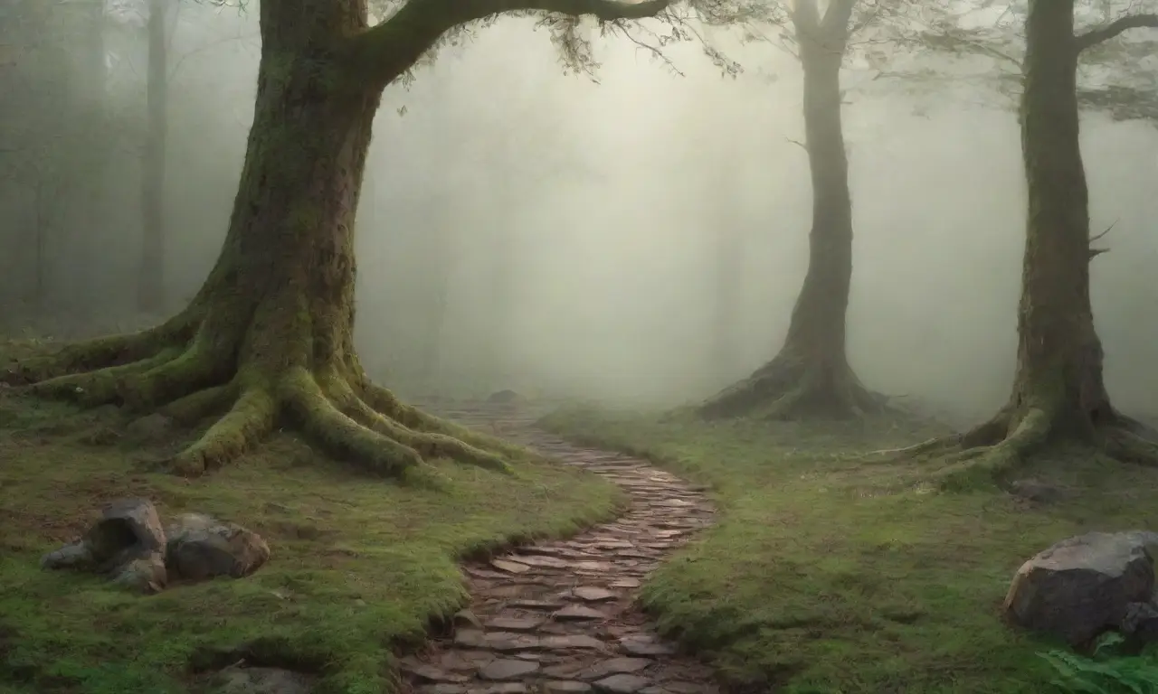 Un bosque brumoso con árboles antiguos, un castillo a lo lejos, guerreros armados y un lobo aullando, todo envuelto en misterio