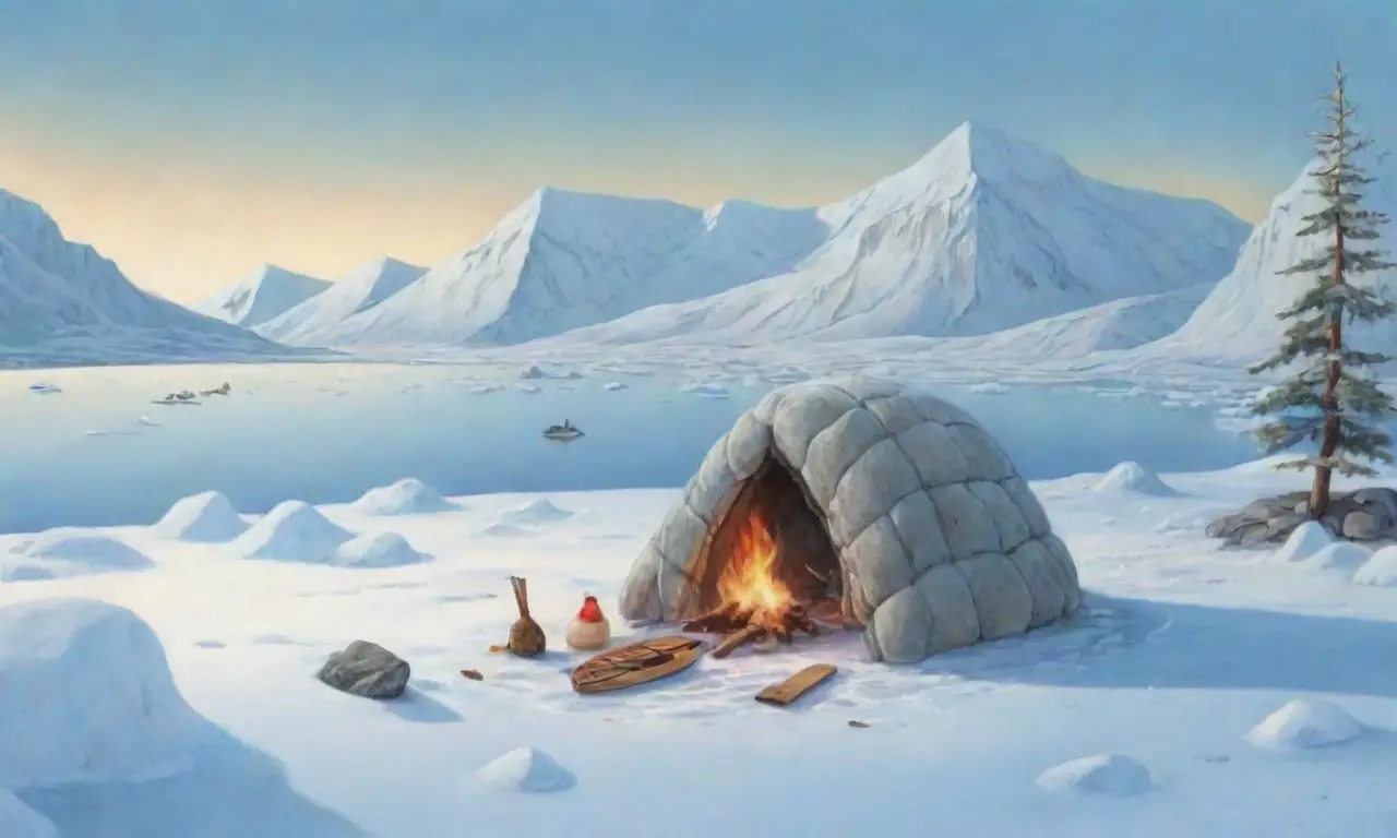 Un paisaje helado con un oso polar, un iglú inuit, auroras boreales y la esencia de la vida en el Ártico