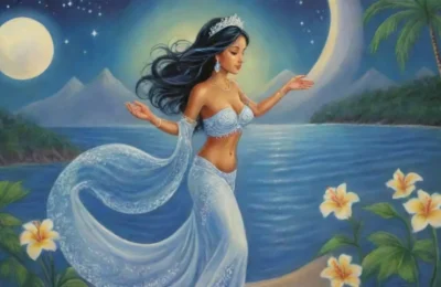 Una diosa serena emerge en un paisaje de luna suave
