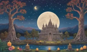 Una noche serena con luna llena ilumina ruinas antiguas y rituales sagrados