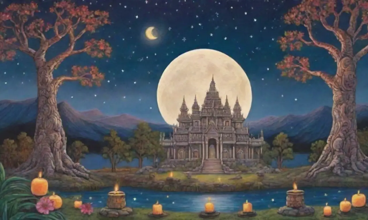 Una noche serena con luna llena ilumina ruinas antiguas y rituales sagrados