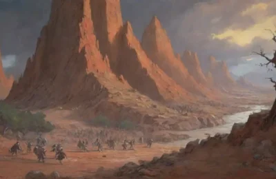 Un paisaje épico de batalla se despliega con montañas