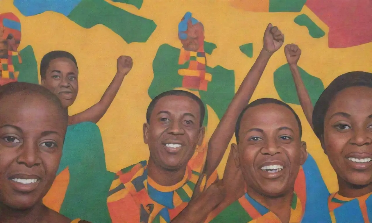 Un mural vibrante de Kwame Nkrumah rodeado de símbolos africanos que celebra la libertad y la justicia