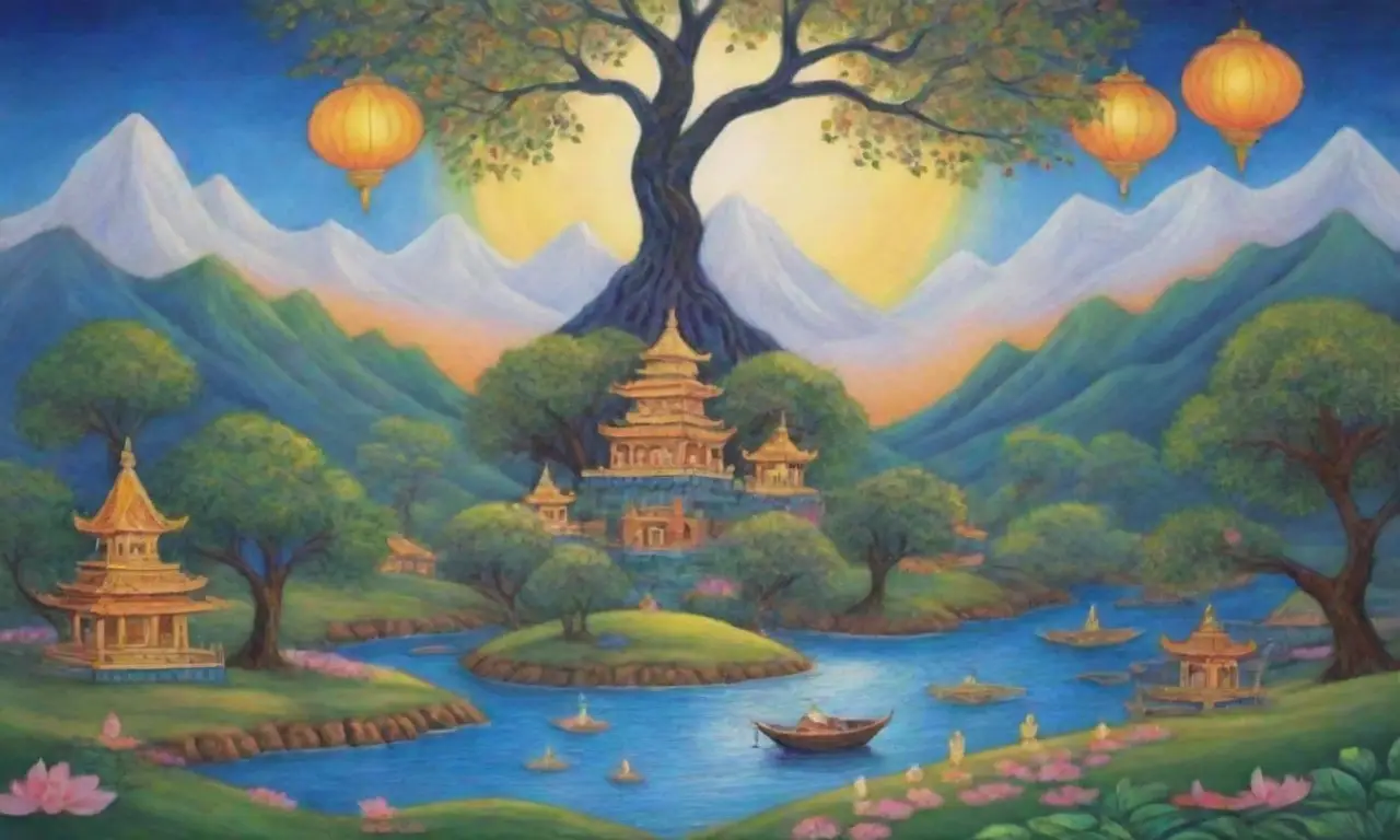 Colores vibrantes, patrones intrincados y paisajes serenos crean un mundo lleno de sabiduría y belleza
