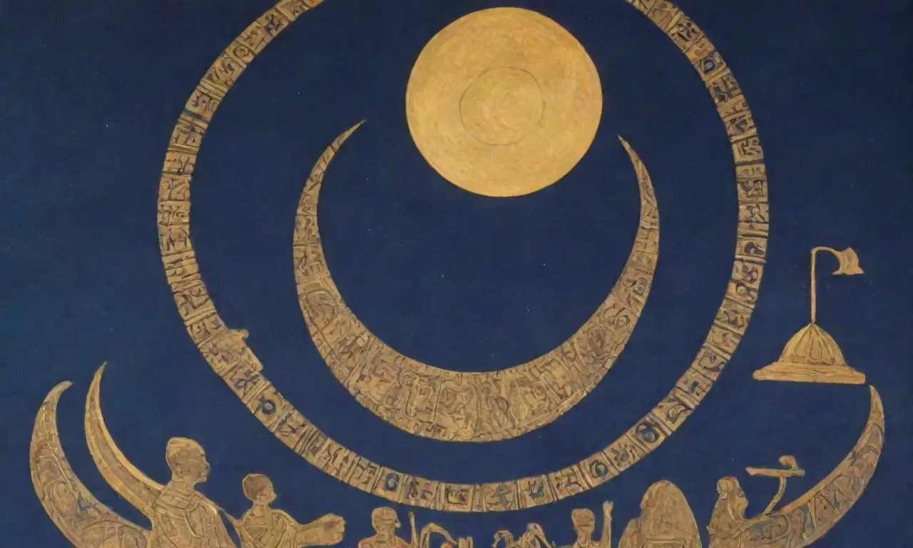 Un fondo azul profundo con una luna plateada, jeroglíficos, templos egipcios y dioses como Khonsu y Thoth en un paisaje cósmico lleno de mitología