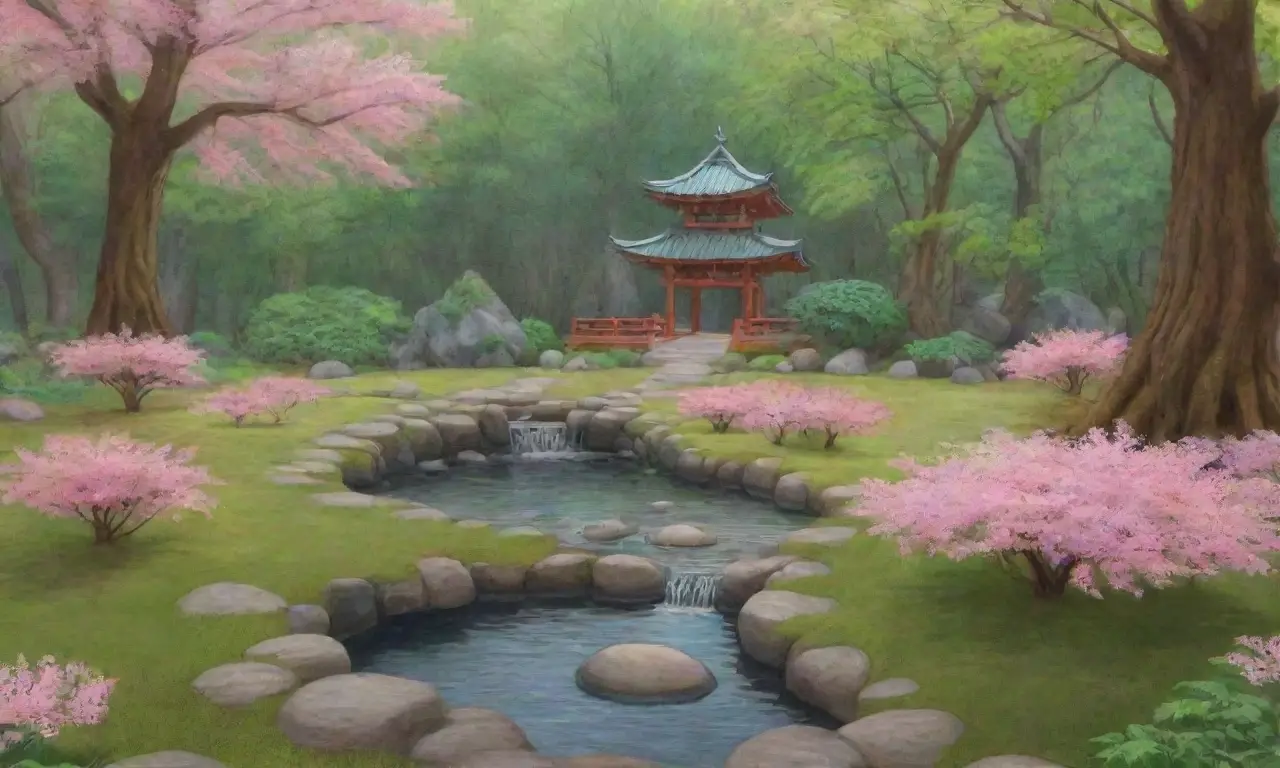 Un sereno claro forestal con cerezos en flor, un estanque tranquilo y un torii rojo, envuelto en armonía y espiritualidad