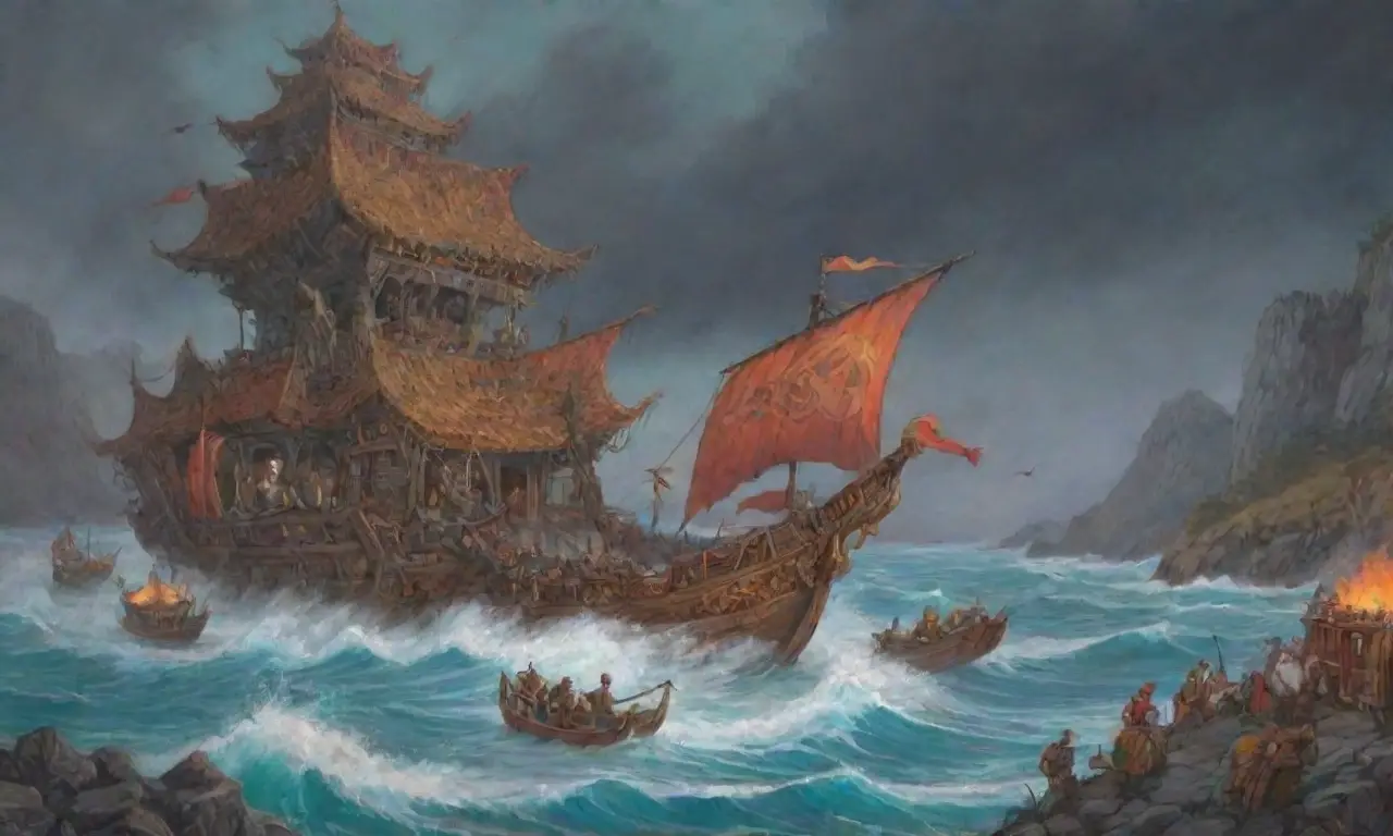 Un mar tempestuoso con un drakkar, guerreros, leyendas y un aire de aventura