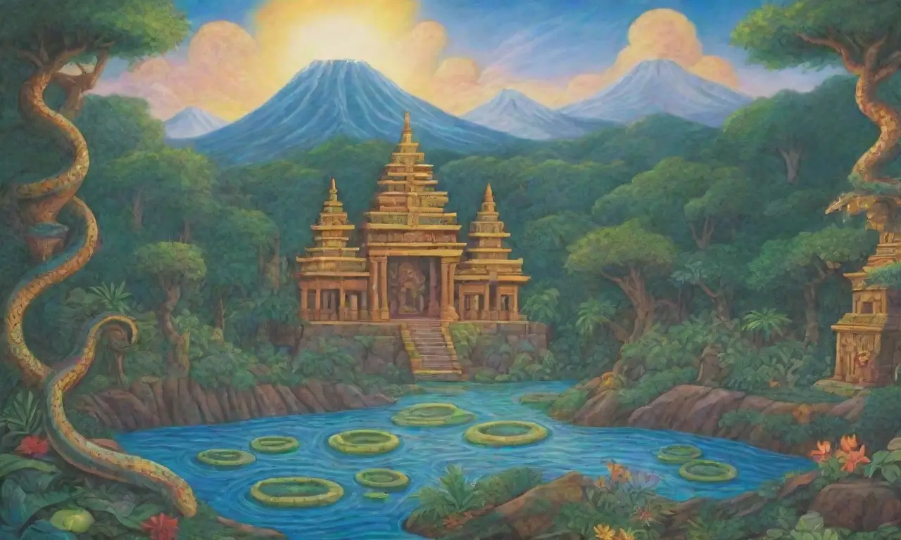 Serpientes verdes vibrantes rodean templos antiguos en un paisaje místico lleno de símbolos y rituales aztecas