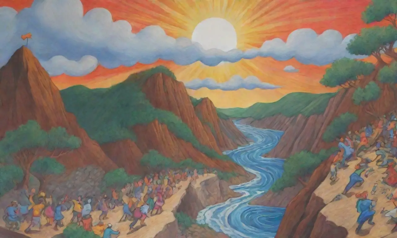 Un mural vibrante que simboliza lucha, esperanza y unidad a través de colores y figuras diversas