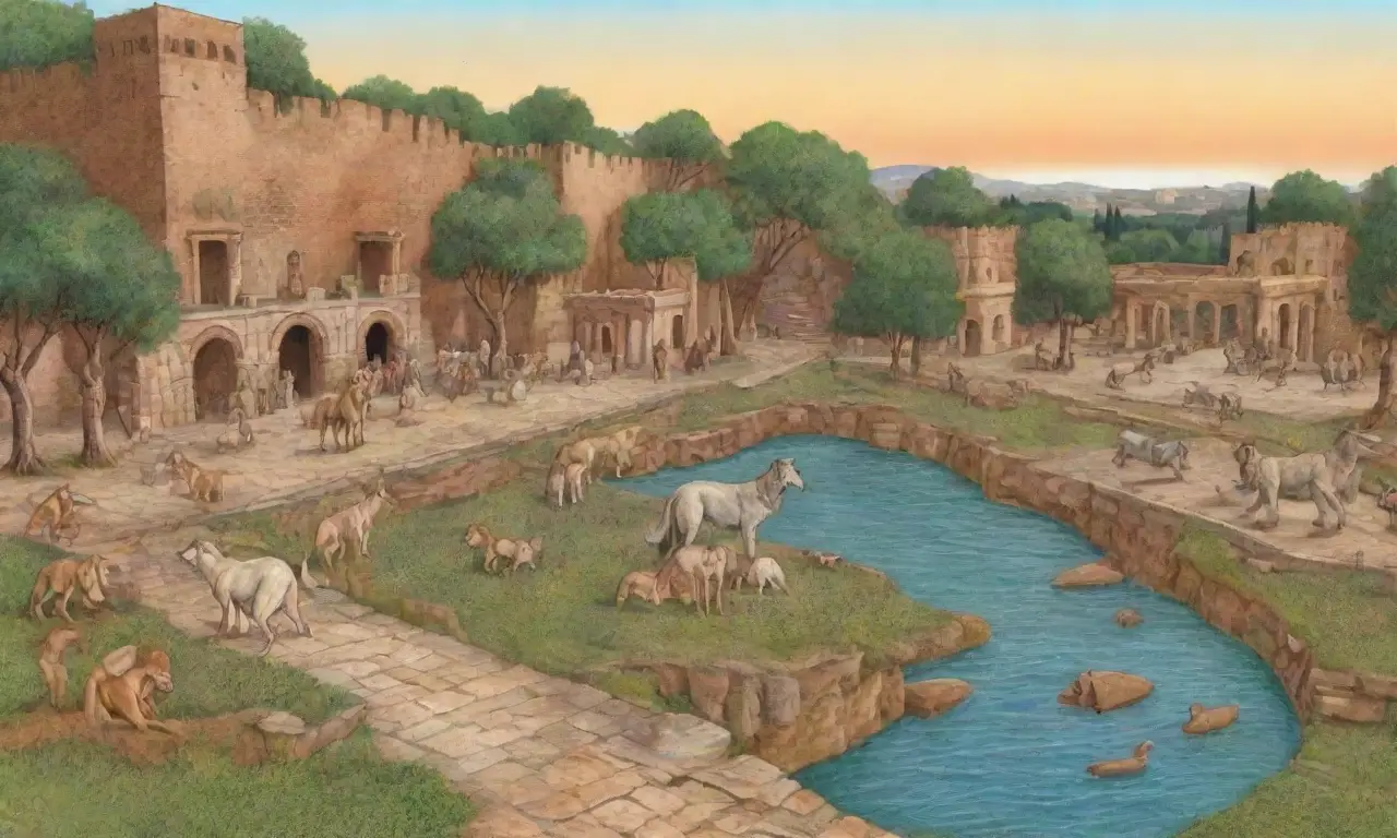Un vibrante paisaje de la antigua Roma con murallas, frescos, ríos, estatuas y un bullicioso mercado